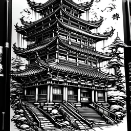 Black and white, tattoo sketch, Japanese traditional, traditional architecture, cyberpunk style,