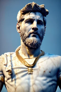 Realistic image, Roman sculpture made in white marble with gold veins, Lionel messi with gold laurel leaves crown, waist up portrait,marble material, gold ornaments, Renaissance style, sun rays background, epic, celestial, cinematic lighting, God lights, 4k resolution, smooth details, soft lighting, unreal engine 5, art station, substance 3d.