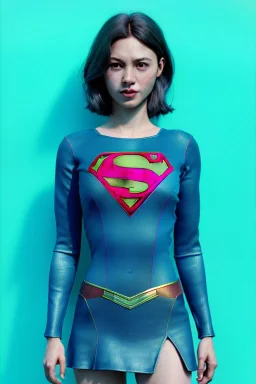 Waist up portrait, woman, make-up, happy, satisfacer dildo advertising, Realistic image, 60s, supergirl, tights minimal dress, sweat, Color background, photo studio, concept art, smooth, unreal engine 5, god lights, ray tracing, RTX, lumen lighting, ultra detail, volumetric lighting, 3d, finely drawn, high definition, 4k.