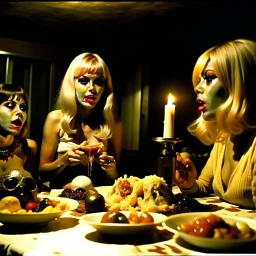 Horror movie shot, spooky, very hot, ultra realistic hot dine, ultra realistic hot blonde women, hot party, pieces of meat, they enjoy organs, ail, dynamic, very excited people, hypermaximalist figures, light, 1970's Italian horror movie, sinister