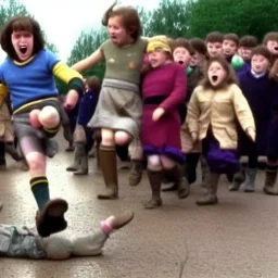 A foot falling down from the sky onto an army of children, in the style of Monty Python