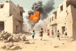 children running from bombs in a ruined city in israel, smoke and fire