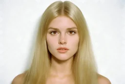 Années 70, Jeune femme caucasienne,blonde avec racines, cheveux long séparés au milieu, yeux marron, petit nez, visage rond, fond blanc