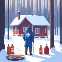 a sad Finnish man without food on his plate, outside his house in the forest, Winter, snow, very cold, Finnish flag down at half way up, Finnish flag, a bottle of Koskenkorva in his hand, knifes and sauna, Simon Stålenhag style