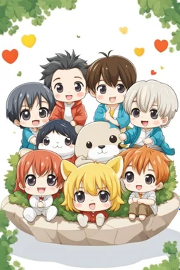 Adorable chibi five anime caracters happy group sitting together on White Background, cartoon mood