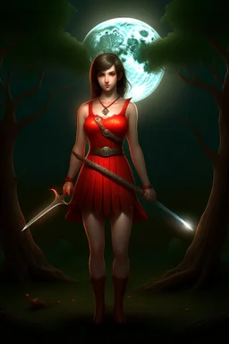 A young dark-haired witch in a red low-cut short skirt, standing under a tree, with a sword on her hip, glowing ball in her hand, photorealistic, delicate detail.