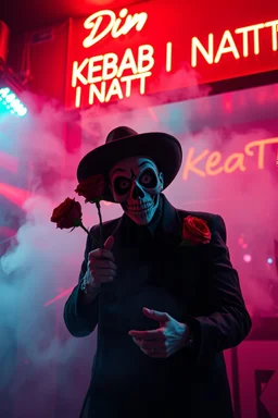 An spanish Guy with big eyes "Enrique" performing at dance club, his name is the stalker "Enrique" Red roses On stage, red Neon lights and smog, and "Din KEBAB I NATT" big sign on the wall, serenade under balcony, ZORRO vibes