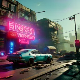 photo quality, unreal engine render, highest quality, stop-motion animation, vivid neon colors, volumetric lighting, cyberpunk 2077, classic car junkyard, deep colors in a dark setting background, post-apocalyptic,