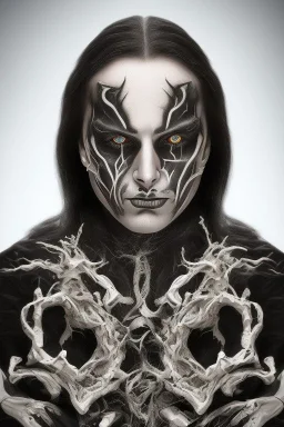 Symmetric portrait of a man with black metal facepaint , looking like Dani Filth from Cradle of Filth