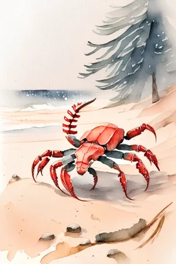 Red scorpion on a cold northern beach with pine trees and greybrown sand. Cheery dreamy watercolor