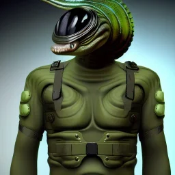 Alien, snake, metaljellyfishsombrero, vest, hands, holding gun, holster, steel military boots, squishy, chest plate, oxygen mask, bulbus nos snout, reptile pupil, blasterrifle, jacked, sail, body suit, shin gauntlet, leg armor