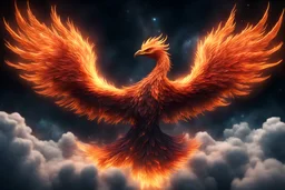 Large depth of field. A majestic phoenix rises from clouds on a black starry background 4K 3D High Resolution, High Stereoscopic Look, High Detail, High Quality, Concept Art, Abstraction, 8K Fantasy, Beautiful, Elegant, Intricate, Colorful, Focused