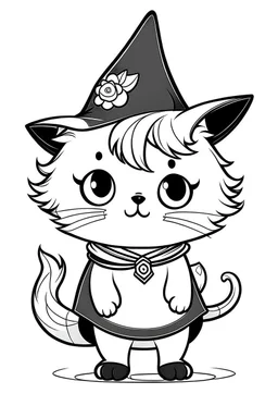 Out line art for cute cat coloring pages with witch, white background, sketch style, full body, only use outline, cute real cat style, clean line art, white background, no shadows and clear and well outlined