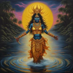 An oil painting of goddess Kali crossing a lake, neon gold colors, high detail eyes,