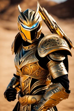 Full body photography,front_view,power ranger looking at viewer,traditional dress ornaments mechanical_armor,intricate armor, delicate golden filigree, intricate filigree, black metalic parts, detailed part,desert background, dynamic lighting