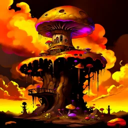 A fantabulous black, orange, and yellow (((mushroom tower house))) erected atop a (geologic pillar), surrounded by the uncanny imaginative ((( swirling skies))), offset by the stark hues of a (neon-tinged nebulous space scape), within. captured by the hand a skilled master painter with a focus on (softly blurred compositions and voluminous lighting).