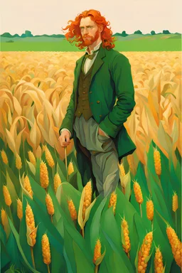 (he looks like Courtney Gains) malachai of the corn, a handsome young delicate beautiful softly freckled man in his 20s with green eyes and long, curly red hair, lost in the deep green cornfield, elegant, clear, painting, stylized, art, art by alphonse mucha, vincent van gogh, egon schiele