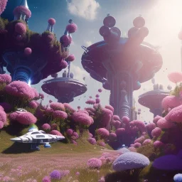 Spaceship landed on futuristic planet, sunny day. clear blue sky, cascade, flowers. Elegant. Extremely detailed. Award winning photography. Fantasy. 8k. Cinematic lighting. Photorealistic. Dynamic lighting. Imperial colors. Crisp quality. Unreal Engine. Colourful cinematic postprocessing. Pixar. VRay.