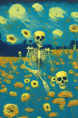 happy skeleton field of flowers by van gogh