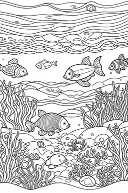 A cute serene underwater scene with gentle sea creatures, Coloring page for kids, cartoon style, thick outline, low details, no shading, no color