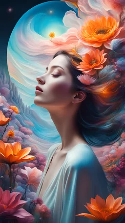 a woman portrait, she is dreaming, a surreal dreamscape oversized, luminous flowers and surreal landscapes. The scene could evoke a dreamlike atmosphere with distorted perspectives and vibrant, otherworldly colors