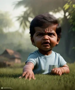 Raj kootrappali toddler, full body, dramatic lighting, angry, hyper realistic,