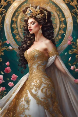 Queen wearing a magical gown of swirly flowing marble water gold filigree curlicues, flowering flowers, bloom, sparkle, ornamental gilt, diamonds, rubies, emeralds, sapphires, beautiful, delicate, intricate, elegant, graceful, shiny, Hyperrealism, Rococo, expressive, spherical, zoom out, volumetric lighting