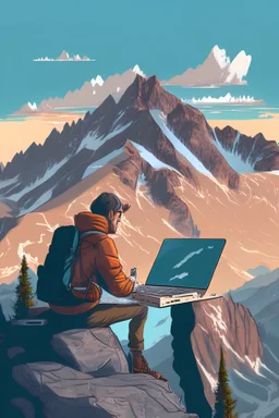 illustration of a man using a laptop computer on a mountain peak overlooking a detailed sierra nevada mountain landscape in the style of lottie files animation