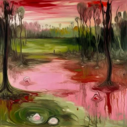Pink marshlands covered in muck with fairies painted by Edvard Munch