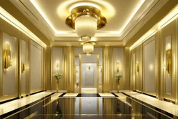 An Art Deco Foyer with mirrors and brass sconces, incandescent, gleaming, by artist "Igor Zenin"