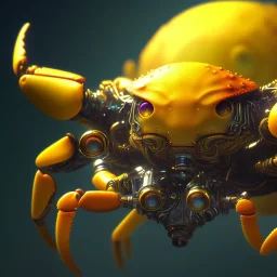 A beautiful portrait of a cyborg crab yellow color scheme, high key lighting, volumetric light high details psychedelic background