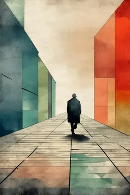 Man walks down empty street minimalist art in the style of Paul Klee with grunge impasto textures