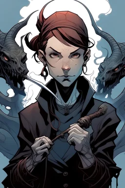 a modern, Short haired brunnete young woman with a large, aquiline nose, a torn ear in a torn t-shirt, wearing a dark coat , holding a evil looking dagger with a swirling smoke, tentacled creature background in full action pose in the style of hellboy comics