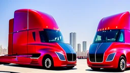 A Tesla semi-truck is parked, at 'Lotte World', in Seoul (South Korea). CINEMATIC. WIDE ANGLE LENS.