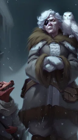 An old woman with white hair and an eye patch