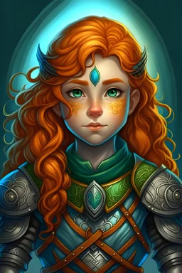 a female halfling of an elf has ginger wavy hair, and blue eyes and is wearing armor with a Celtic symbol of light, and looks very adult but pretty