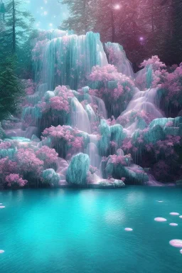 lac turquoise, rocher avec mousse, fleurs rose et blance, cascade, etoile filante, cristaux, vray