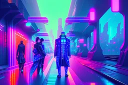 Cyberpunk street with holograms and train