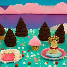 A landscape shot In the background A mountain made of cakes . above the mountain are pink and blue cumulus clouds made of cotton candy. a forest of lollipops and candy canes surround the lake. in the center a large ice cream float that is a lake. Groups Gingerbread people are sunbathing under a sunflower sun. Some gingerbread people are drinking from the lake