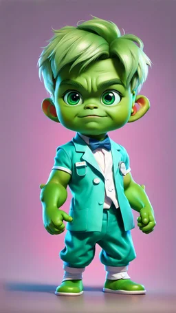 Lovely little baby hulk, full body portrait of cute little chibi boy looking at the camera realistically, dressed as a doctor, bright colors make octane popular on artstation, solid color background wall, lovely, cute, 3D rendering, cute pixar, inspired by Do cheung, blonde boy, andrew dixon, realistic, 3d, anime style, well shaded, smooth, pixar.