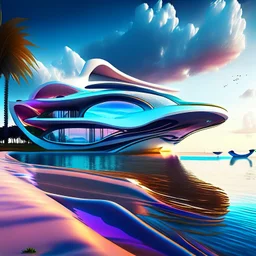 Country house on the beach and over water futuristic style Zaha Hadid hyper-realistic detailed contrasting colors summer people yacht 8k