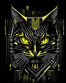 Cat logo cyberpunk cimetrico, lineal arte, intrincado, incredible work of art, black and White, fondo negro, yellow eyes