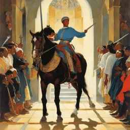 [art by Norman Rockwell] Leaving the chapel, Roupinho would mount his trusted steed, the rhythmic sound of hooves echoing in harmony with the beats of his heart. With the Black Madonna's blessings resonating within him, he would ride forth, his sword held high, ready to face whatever challenges lay ahead. As he rose from his knees, Roupinho would press a kiss to the hilt of his sword, his lips brushing against the cold steel. It was a gesture of reverence, a reminder of the duty he carried upon