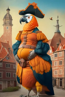 Pregnant Half parrot half human in a old 1700s orange Dutch uniform in front of a Dutch city