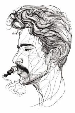 A drawing one line coffee cup with the aroma vape turning in to a side profile of a male face black ink on white background abstract