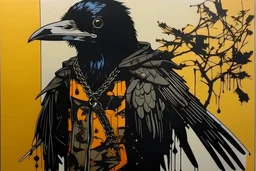 A contemporary serigraphy by Kunisada of a crow adorned in a punk leather jacket.