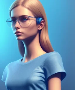 a young woman, BLONDE hair, green eyes, glasses, deep colors, cyberpunk, great pose, Realistic photography, incredibly detailed, ultra-high resolution, 8k, complex 3d render, cinema 4d, anatomically correct