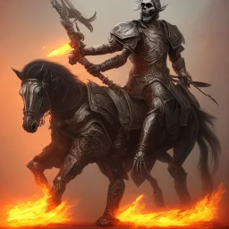 Skull headed warrior riding a muscular black horse with feet of fire, battle scars, still standing, rage, armor, foggy, electric currents, sword, pride, honor, scary, detailed, 4K, HD, Center line