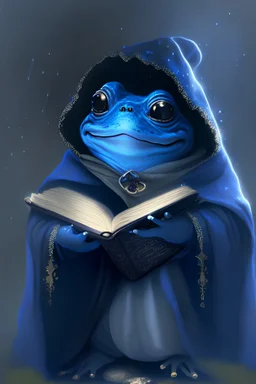 a happy iceblue young toad wearing a black cloak and holding a magic book