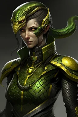 a female humanoid snake, wearing a black leather armor, green scales, yellow eyes